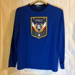 Ralph Lauren Long-Sleeve Crest Tee in Royal Blue with Multi-Color Shield